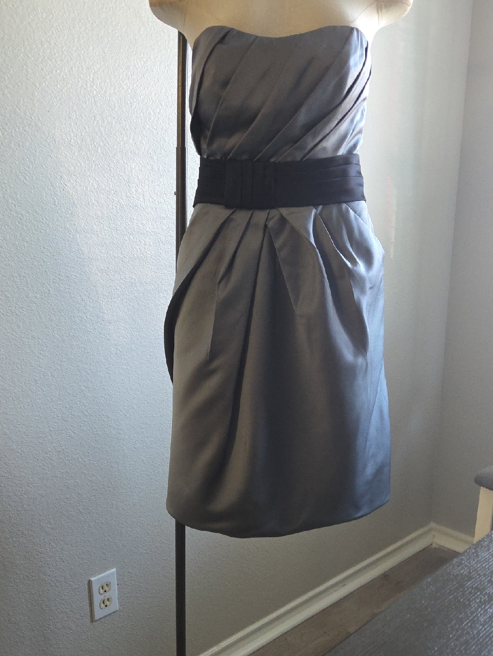 Allure Bridals Strapless Gray Satin Cocktail Dress with Black Waistband